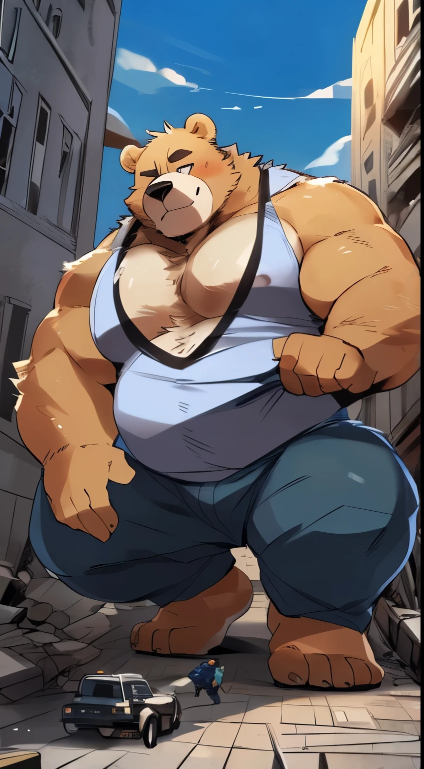 Solo, male, standing, (((by dramamine))), bulge, muscular, enormous, tall, buff, massive, big biceps, big pecs, alleyway, dramatic lighting, rape face, smirking, evil expression, polar bear