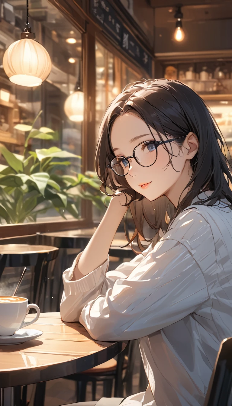 masterpiece, Wearing glasses, Black Hair, forehead, woman, Cafe, Quiet Time,  the distance shrinks slightly , No words needed ,  Peaceful Atmosphere 
