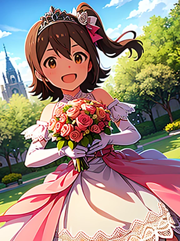 Mirai Kasuga ( million people live),  1 girl, Alone, cute girl, best quality, Super detailed, 8k,  High Resolution , Detailed face, Laugh happily, (wedding dress,  Pink Dress , Lace dress, Off the shoulder, Long gloves, Tiara, Holding a bouquet), In front of the chapel , Look at the sky,