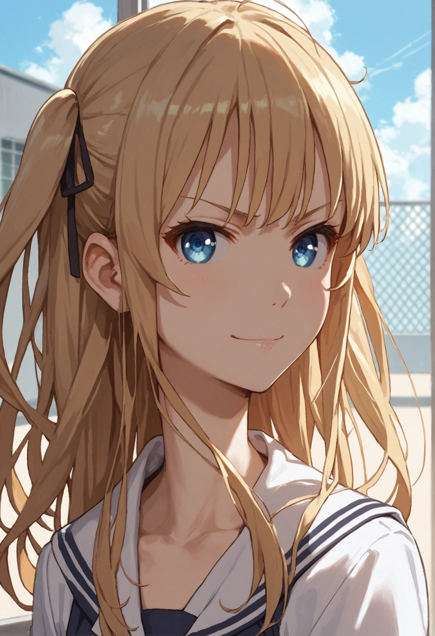 (score_9, score_8_up,score_7_up,source_anime,anime),solo focus,1girl,Eriri blonde hair,blue eyes,sawamura spencer eriri,long hair,small breasts,
,smirk ,twintails,black ribbon,school uniform,sweater vest,serafuku,black thighhighs,pleated skirt,short sleeves,sailor collar,looking at viewer,from behind