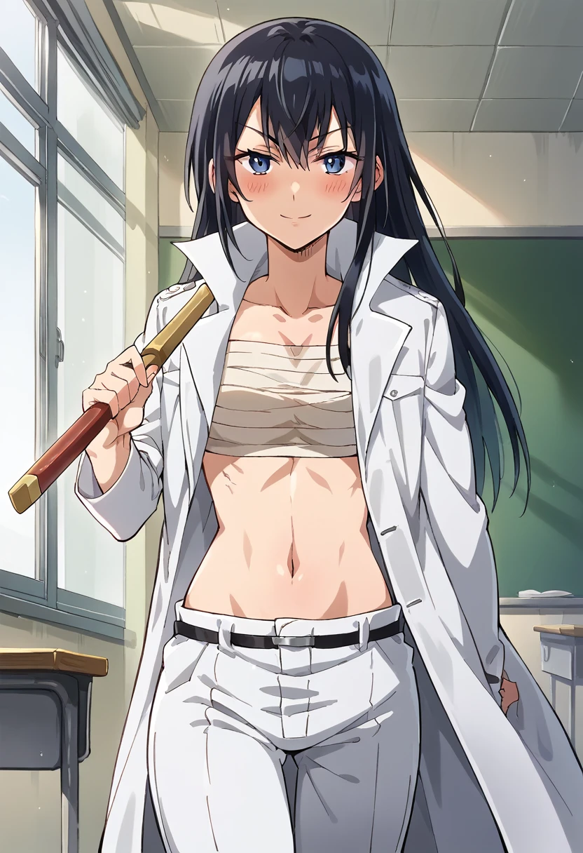 
aoi_kunieda, black hair, long hair, blue eyes, chest sarashi , midriff, white coat, white pants, , BREAK indoors, classroom BREAK cowboy shot, looking at viewer, standing, blush, front side,flirtyface, seductive smile, wodden sword, holding a wodden sword, wodden sword over shoulder, BREAK score_9, score_8_up, score_7_up, source_anime , official art
