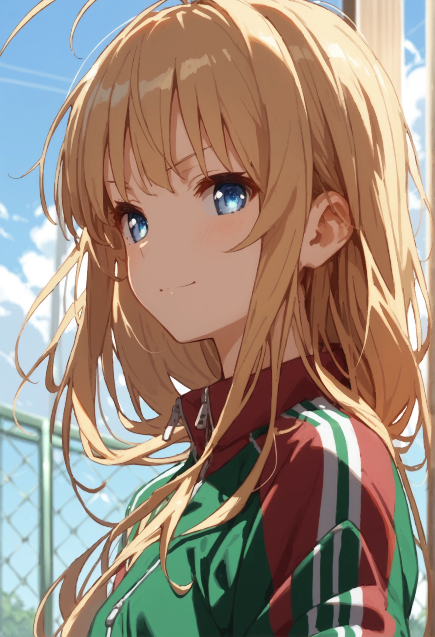 (score_9, score_8_up,score_7_up,source_anime,anime),solo focus,1girl,Eriri blonde hair,blue eyes,sawamura spencer eriri,long hair,small breasts,
,smirk ,ahoge,track jacket,track suit,green jacket,track pants,green pants,looking at viewer