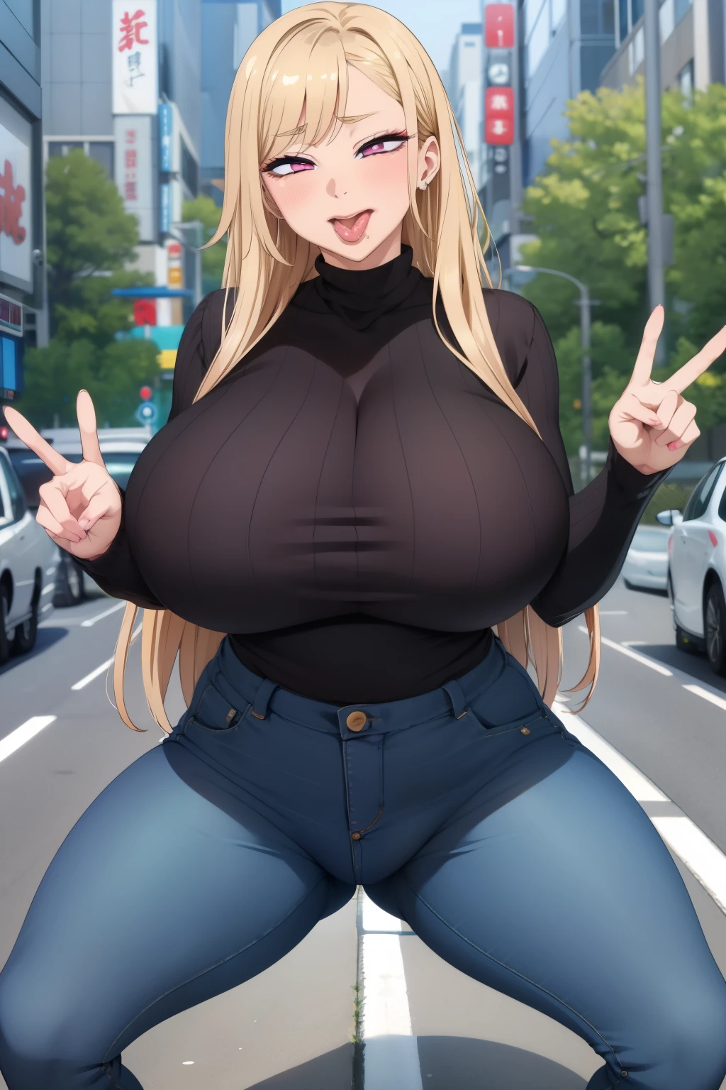 1 girl, (((bimbo))), perfect face, perfect eyes, looking at viewer, blonde hair, puffy lips, thick lips, wide hips, thick thighs, craving lust face, huge natural breasts, cleavage, mature mom, perfect face, perfect eyes, pink eyes, outdoors, city street, tokyo, turtleneck sweater, ribbed sweater, jeans, blond hair, long hair, black neck choker, kitagawa marin, cowboy shot, sexy pose,,(ahegao:1.4),,, (spread legs wide with standing:1.5)