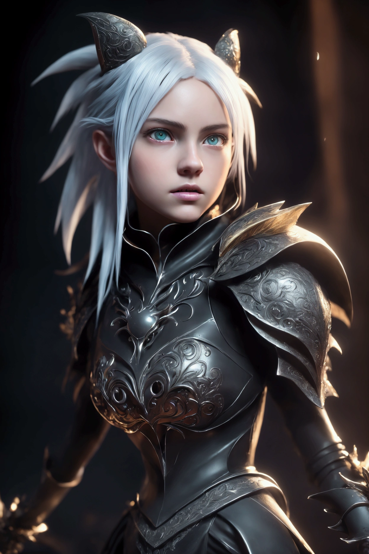 tall beautiful young woman, sexy, warrior, black armor, black cloak, short blonde hair, dark eyes, silver tiara, posing in a dungeon, soft lighting, nude, earrings, eye contact, parted lips, gloomy torches