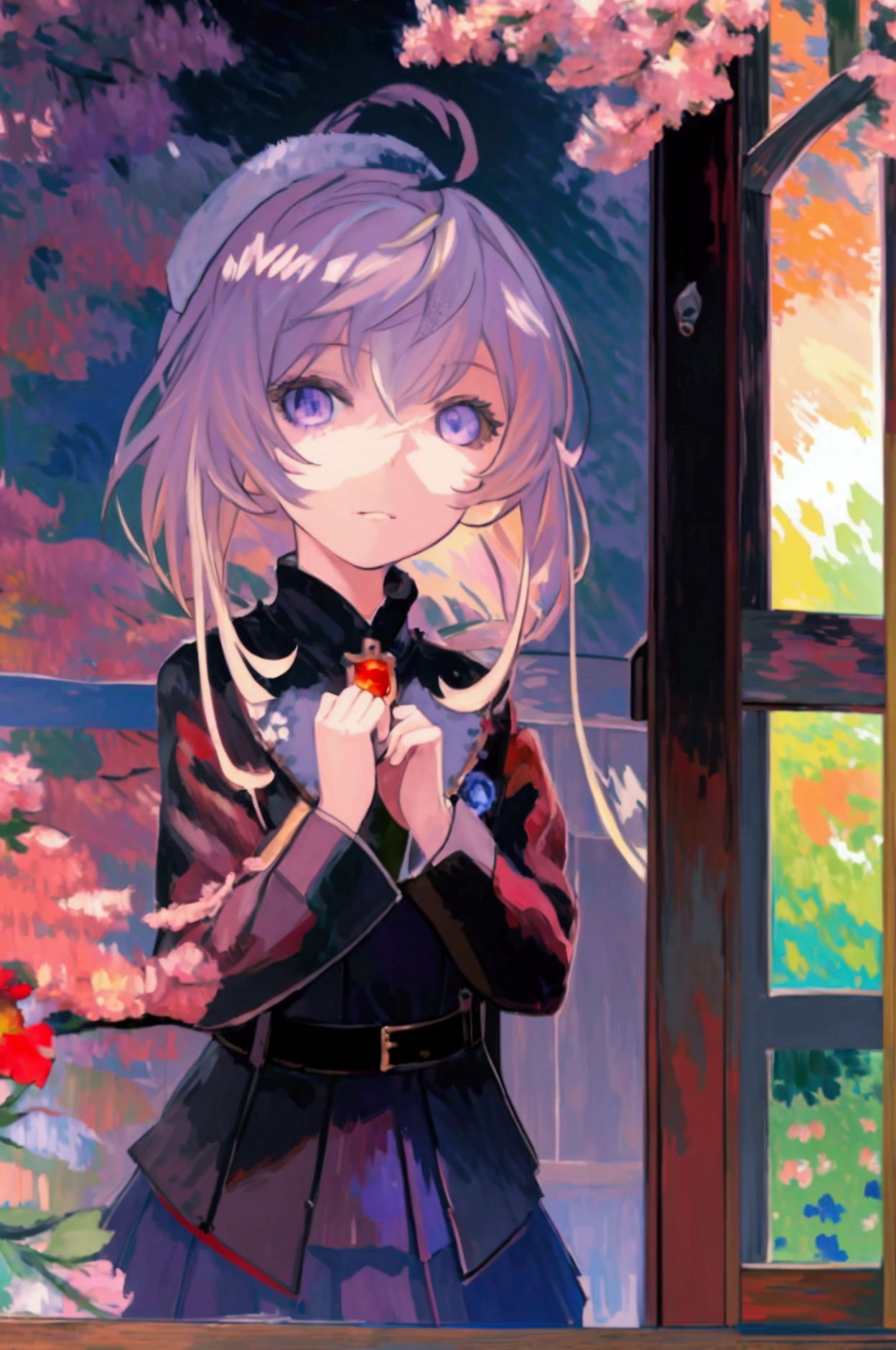 masterpiece, Best quality, 4K, uhd, Mishojo, drawing, beautiful eyes and detailed face, illustration, beautiful detailed, high resolution illustration, luminous_WHITE_particles, 1 girl, WHITE hair, light purple eyes, hair over one eye, short side detail, baseball cap,inexpressive, Window Curtain, Black jacket, chest installation, cyberpunk, Tehvear,(impressionism:1.4)