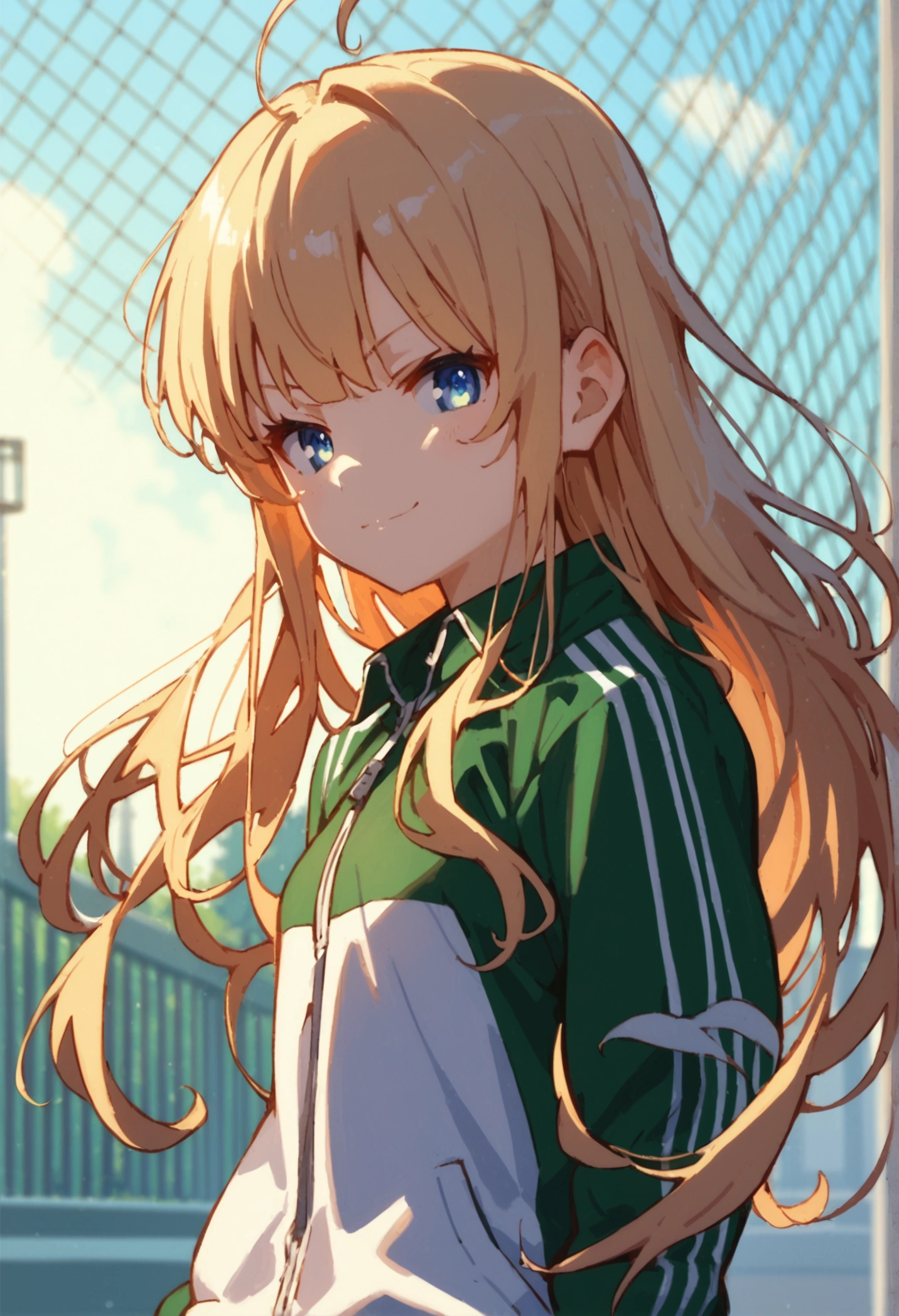 (score_9, score_8_up,score_7_up,source_anime,anime),solo focus,1girl,Eriri blonde hair,blue eyes,sawamura spencer eriri,long hair,small breasts,
,smirk ,ahoge,track jacket,track suit,green jacket,track pants,green pants,looking at viewer,cowboy shot