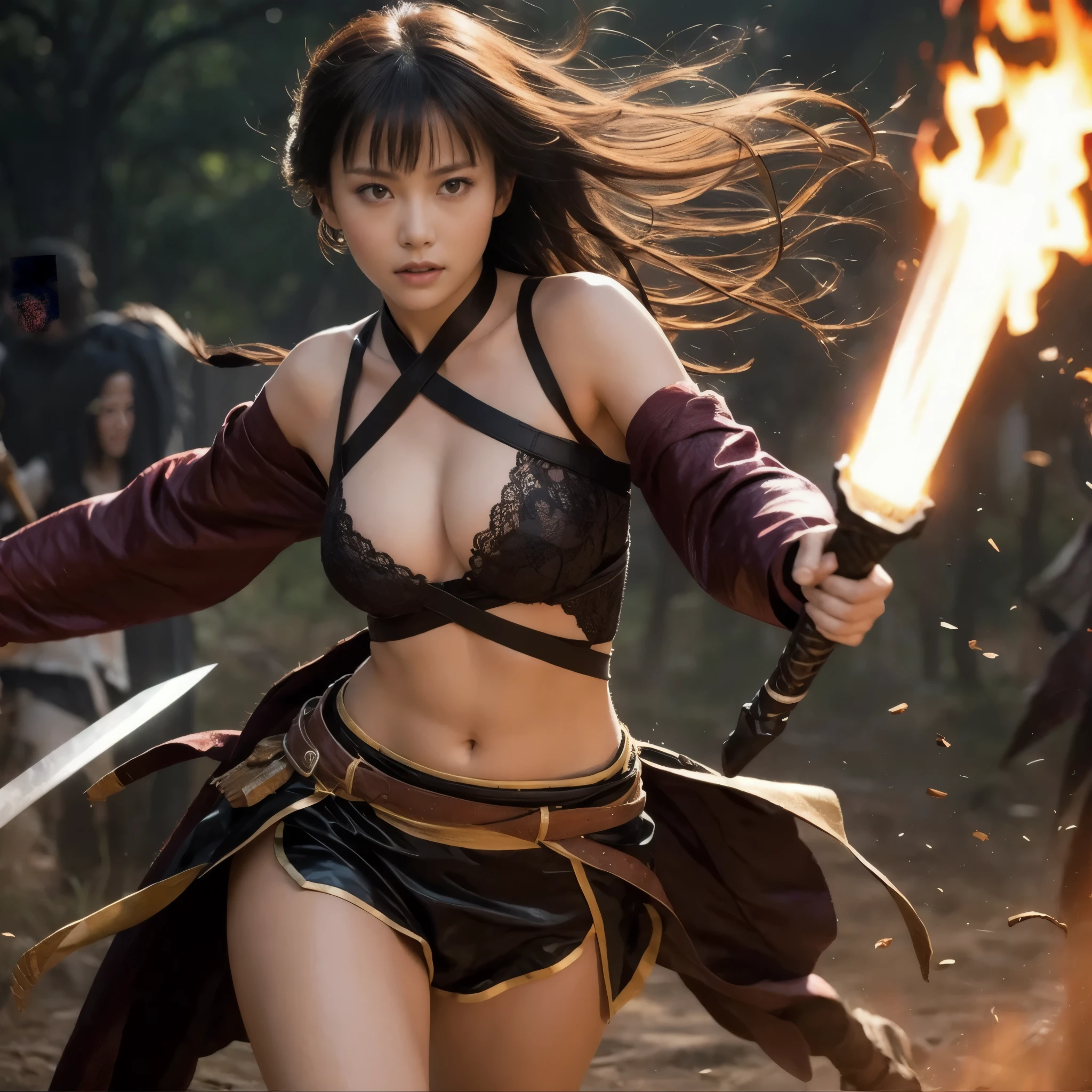 One Girl,anime, anatomically accurate, A series of character actions,, ponytail, masterpiece, textured skin, Action Painting, Heavy makeup, tanned skin, perfect face, perfect eyes,warrior,warrior,Sengoku Warlordsの鎧,Waist support,Sword Strike,Small breasts,Thin thighs,Combat with enemies,a calm look,Flame Attribute,Black Hair,Sengoku Warlords,Battle of Sekigahara,Glowing sword effect,transparent sword