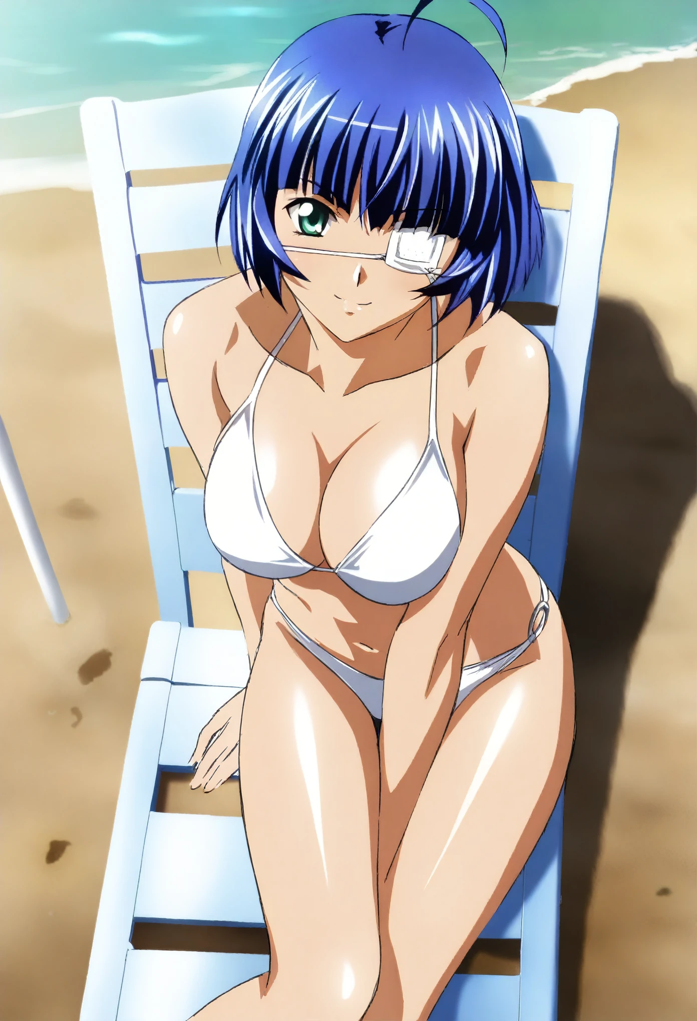 masterpiece,best quality,highres,absurdres,highly detailed,4k,eroge,game cg,digital art,very aesthetic, official art, illustration, 1girl, ryomou shimei, ikkitousen,RIN-SIN(artist), pale snin, large breasts, sitting, deckchair, beach, bikini, upper body, smile