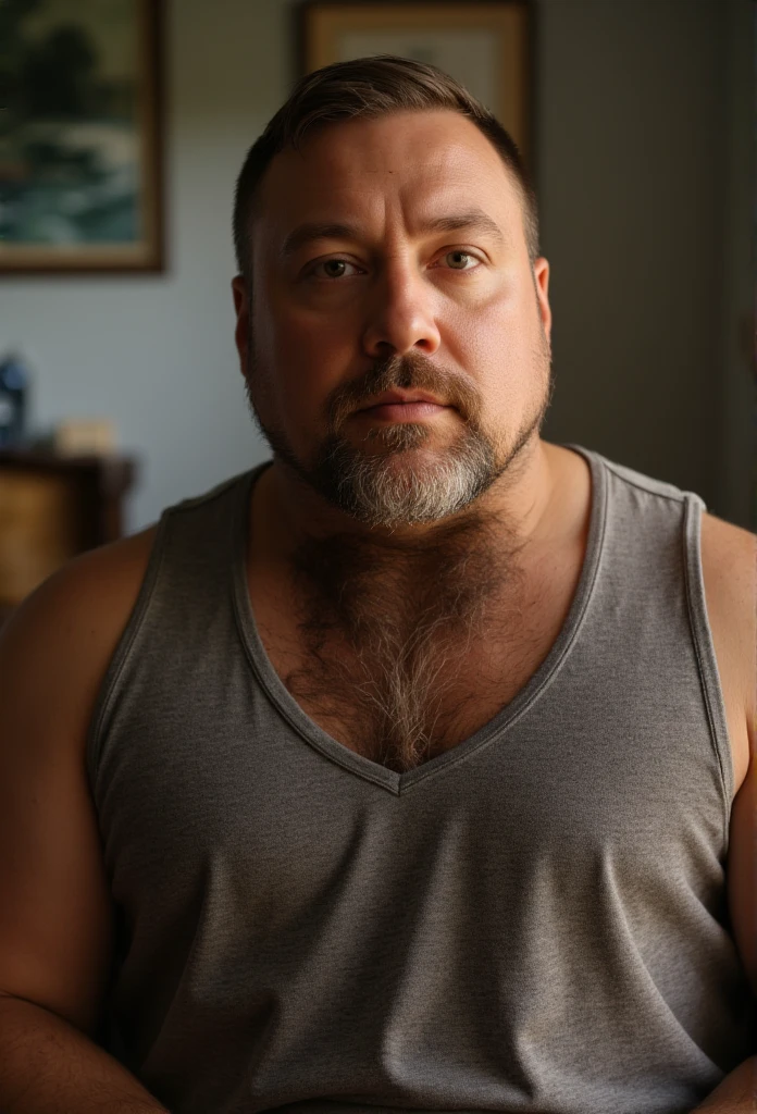 Foto de um homem de 40 anos, German and white with light, pink skin, vestindo uma camiseta regata branca e usando um short curto de cor vermelha. Tem barba curta e cabelo curto, his chest is robust and his body is muscular, he also has a little belly. He is in a relaxed and carefree pose, the lighting is soft and natural, lembrando fotografias profissionais. The man looks like a daddy and is cute and sensual at the same time