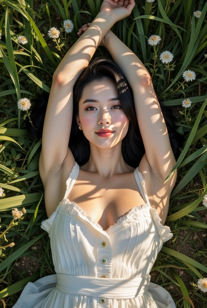 photo shoot, Realistic,   Wong Kahwai Movie  ,  cowboy shot,   from a top down shot of a beautiful Asian woman lying on the ground with grass and small flowers,  She's Smiling Shyly  ,  She raises her arms  ,  Smooth Underarm Skin  , Beautiful Makeup,  She is lying naked