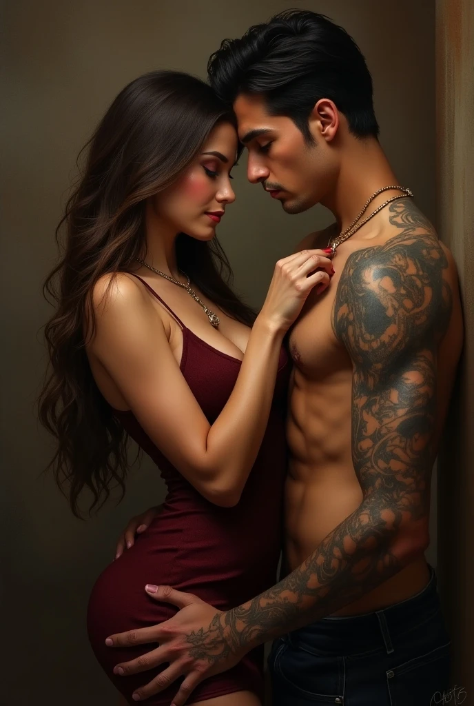 a couple in love touching each other, tall and strong man, beautiful light brown hair green eyes, blonde haired woman of Italian blood, tall and beautiful full lips, they both have tattoos