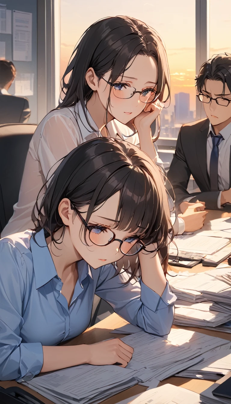 masterpiece, Wearing glasses, Black Hair, forehead, woman, Office, evening, Tired look,  work surrounded by documents ,  junior men notice , 頑張るwoman,  slightly tired atmosphere , desk work, 夕日が差し込むOffice