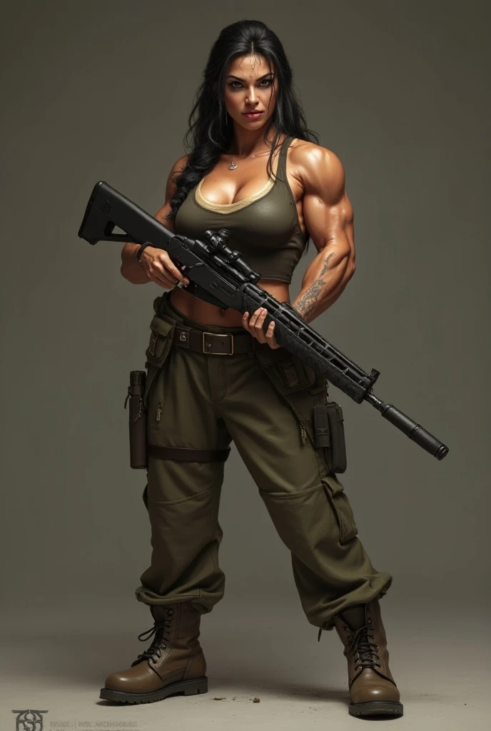 A gorgeous and stunning female soldier holding a rifle, tall, statuesque, imposing, towering, biceps, triceps, eight pack abs, extremely defined abs, tank top, wide shoulders, narrow hips, narrow waist, huge breasts, slim, slender, toned, long eyelashes, make up, perfect eyes, perfect lips, long fingers, delicate fingers, long nails,