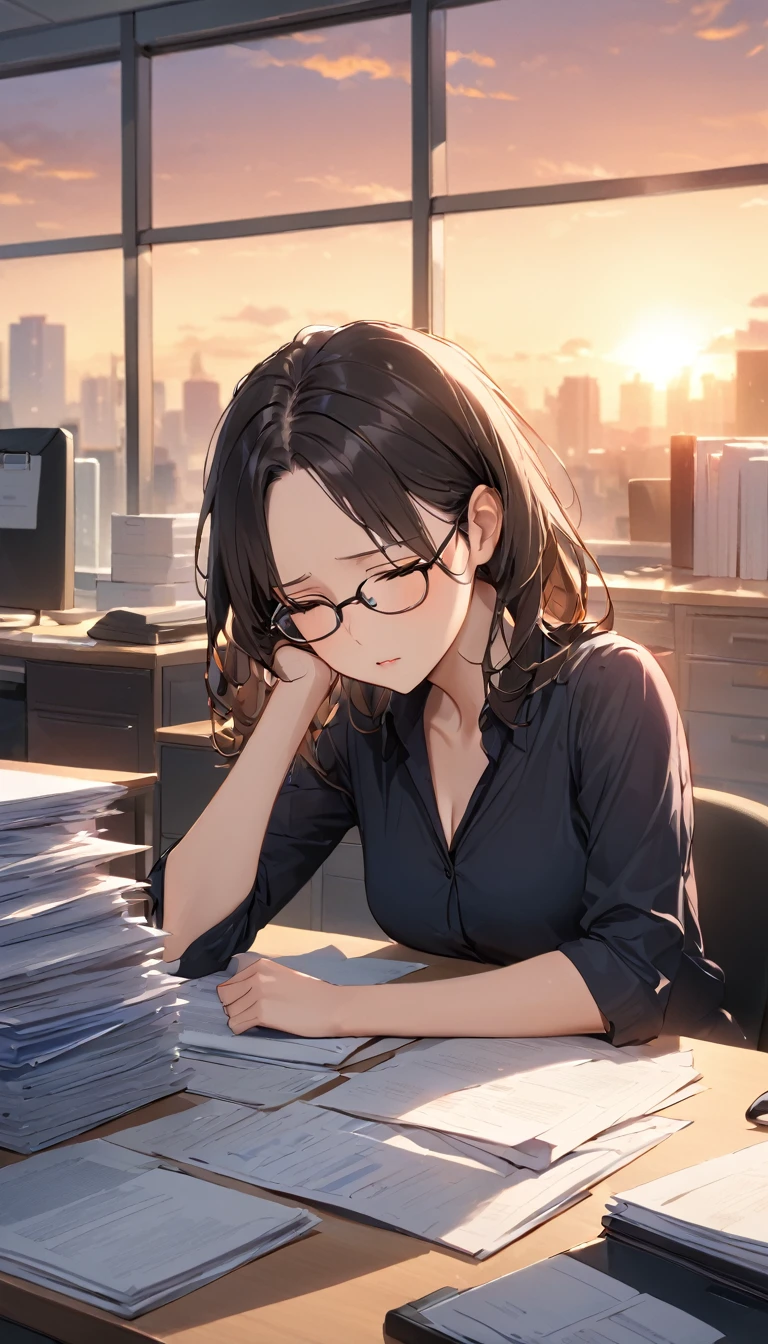 masterpiece, Wearing glasses, Black Hair, forehead, woman, Office, Tired look,  work surrounded by documents , 頑張るwoman,  slightly tired atmosphere , desk work, 夕日が差し込むOffice