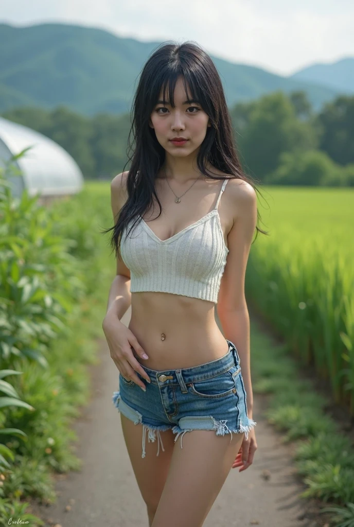 "An elegant 11-year-old redhead with mesmerizing blue eyes, gracefully standing in a lush green field, wearing a sheer top with no undergarments."