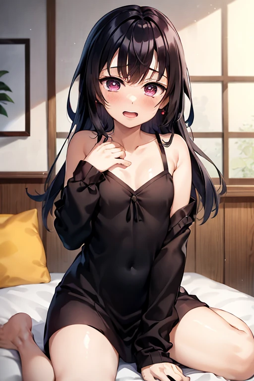 ((Best Quality)), ((masterpiece)), (be familiar with),  perfect face, indoor, bedroom,  viewers,
One woman, Kanroji Mitsuri,
Open Mouth, Ecstatic expression, blush, smile,
Small breasts,  flat chest, , , child, Girl,
Long Hair,  Had,
Leg spread,