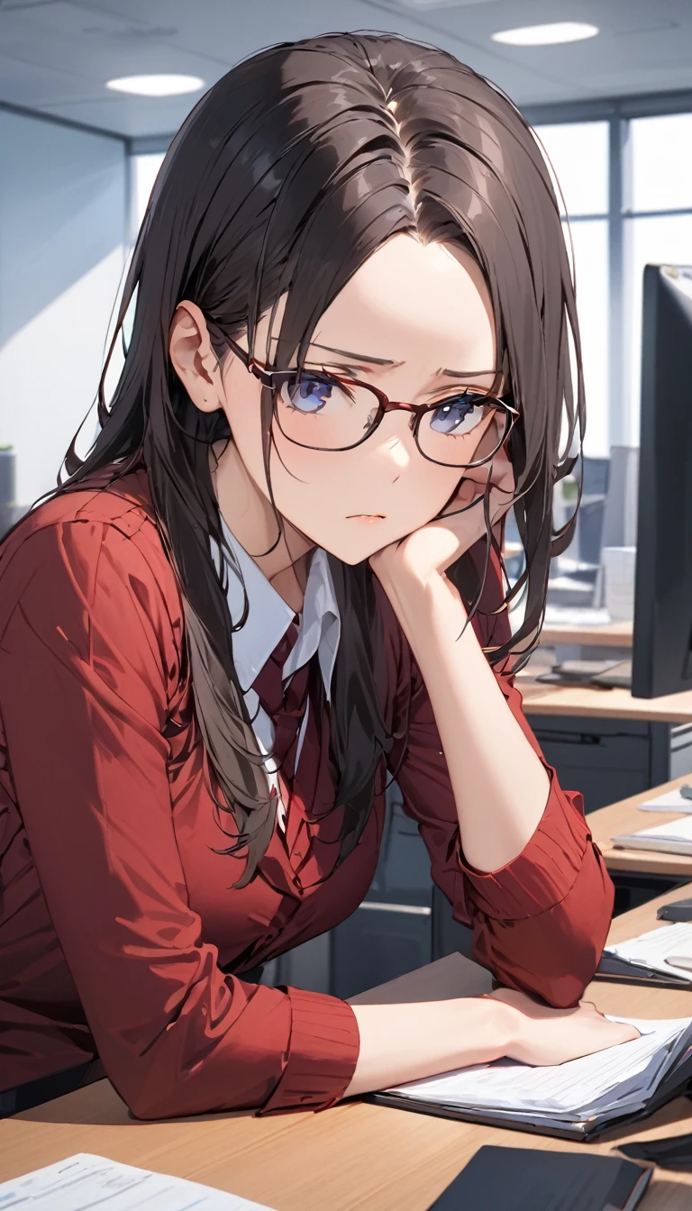 masterpiece, Wearing glasses, Black Hair, forehead, woman, Office,  sitting at a desk and concentrating on work, 静かなOffice,  serious look, Figure devoting himself to work 
