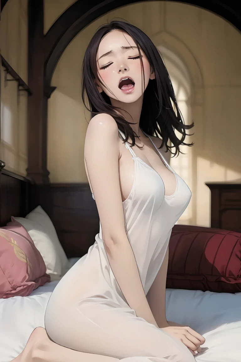 (Raw photo, photorealistic:1.3), official art, best masterpiece, best quality, best resolution, 8K, best detailed, perfect anatomy
BREAK
masturbation, Straddling, pillow humping, crotch rub, (big thick pillow), (on pillow:1.2), hand between legs, (put hand on breast, put hand on vaginal:1.4), (arch your back position, Look up:1.3)
BREAK
gakki, (er_old:1.5), (elemall girl, little_girl:1.5), 's most cuteretty appearance:1.3), long eyelashes, Glossy skin, sparkling hair, black hair, vely long hair, (large breasts), (short stature:1.3), (nightgown), (covered erect nipples), braless, no bra
BREAK
(female orgasm, ahegao), (half closed your eyes:1.4), (furrowing brow:1.5), (Angry, glare:1.3)
BREAK
Soft lighting, indirect lighting, absurd, (bed), very fine and detailed 16KCG wallpapers