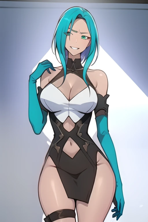 Artwork, Best Quality, Absurd, 8k, Perfect Shadow, perfect lighting, High Resolution ,  cowboy shot,Glowing Skin,cutaneous dentition, Body Cute, Kafka, ((Turquoise Hair: 1.4)), Long Hair, (Green Eyes: 1.4),  (Top Cut, Under the chest,   Elbow Gloves, Thighsブーツ,  slit skirt , Barredo shoulder, Bent, stomach, Bent, Thighs, High heels, Shiny clothing),  intricate detailed background, inside, Luxury palace) (Huge breasts,Hourglass Shaped Body, Small waist,Very small waist) extreme detail face,Detailed eye makeup, Facial details,  beautiful detailed eyes,Beautiful Hands, Perfect hands (Realistic eyes,Realistic Iris:1) Dark eye makeup,Glaring eyes, Glaring eyes,standing,Be careful,( seductive smile ), Huge breasts, Bent