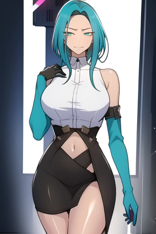 Artwork, Best Quality, Absurd, 8k, Perfect Shadow, perfect lighting, High Resolution ,  cowboy shot,Glowing Skin,cutaneous dentition, Body Cute, Kafka, ((Turquoise Hair: 1.4)), Long Hair, (Green Eyes: 1.4),  (Top Cut, Under the chest,   Elbow Gloves, Thighsブーツ,  slit skirt , Barredo shoulder, Bent, stomach, Bent, Thighs, High heels, Shiny clothing),  intricate detailed background, inside, Luxury palace) (Huge breasts,Hourglass Shaped Body, Small waist,Very small waist) extreme detail face,Detailed eye makeup, Facial details,  beautiful detailed eyes,Beautiful Hands, Perfect hands (Realistic eyes,Realistic Iris:1) Dark eye makeup,Glaring eyes, Glaring eyes,standing,Be careful,( seductive smile ), Huge breasts, Bent