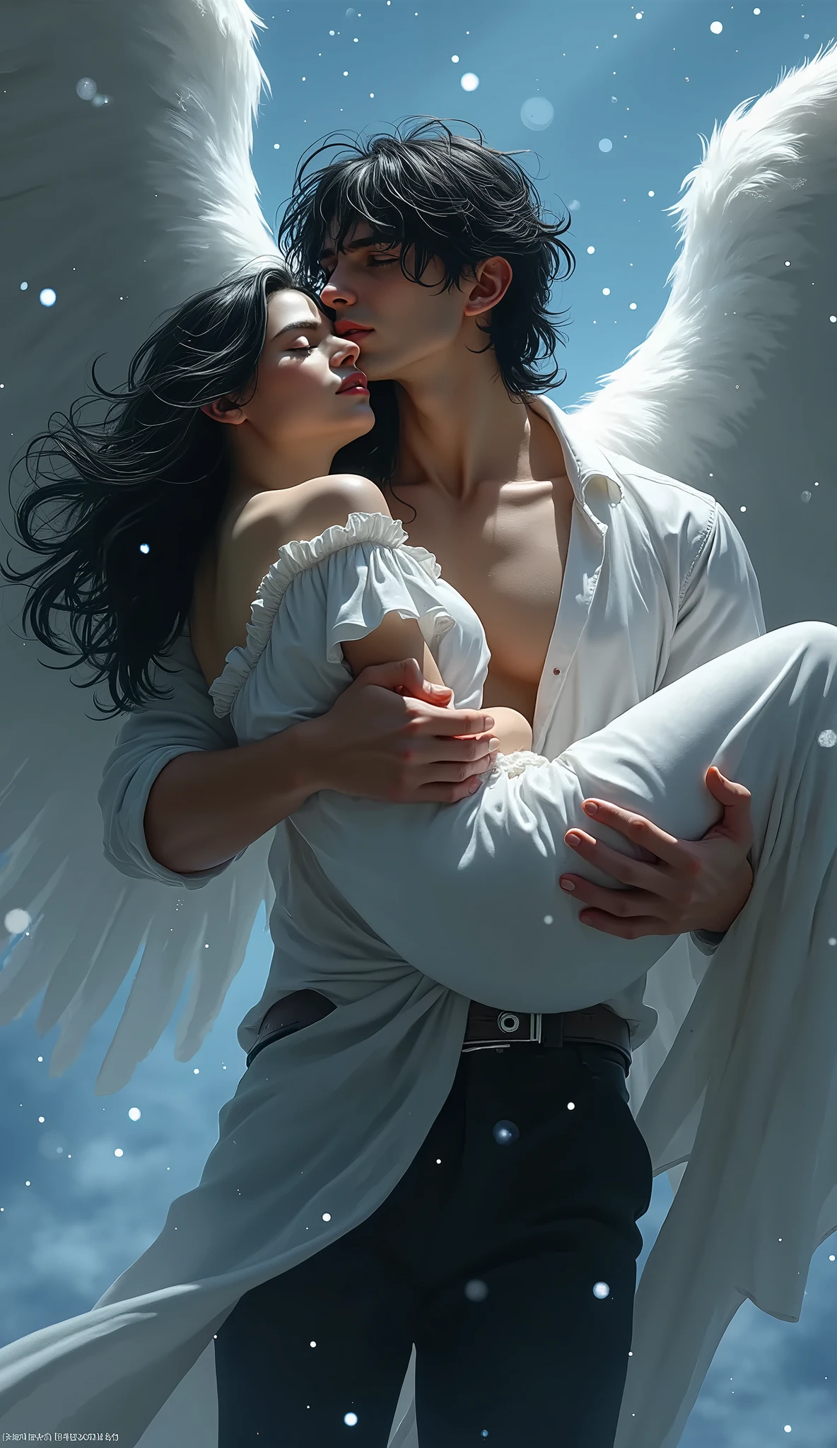 Young Man stood on his foot in front of a bed, naked, with a pair of white wings looking at a woman with brown hair naked who is lying in the sheets of the blue bed