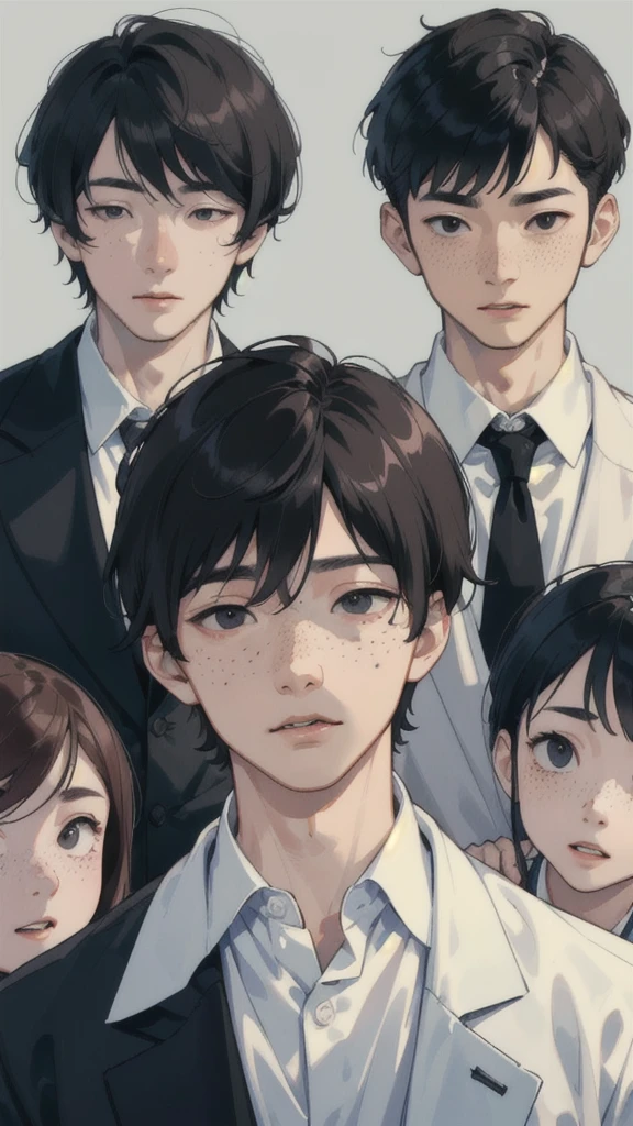 (masterpiece,  best quality), one animated man、Age 30、Japanese、Ordinary face、 shortcuts、Black Hair、Black Eyes、Light freckles、A few freckles、 office worker、adults in suits、Normal face、With bangs、Kind Face