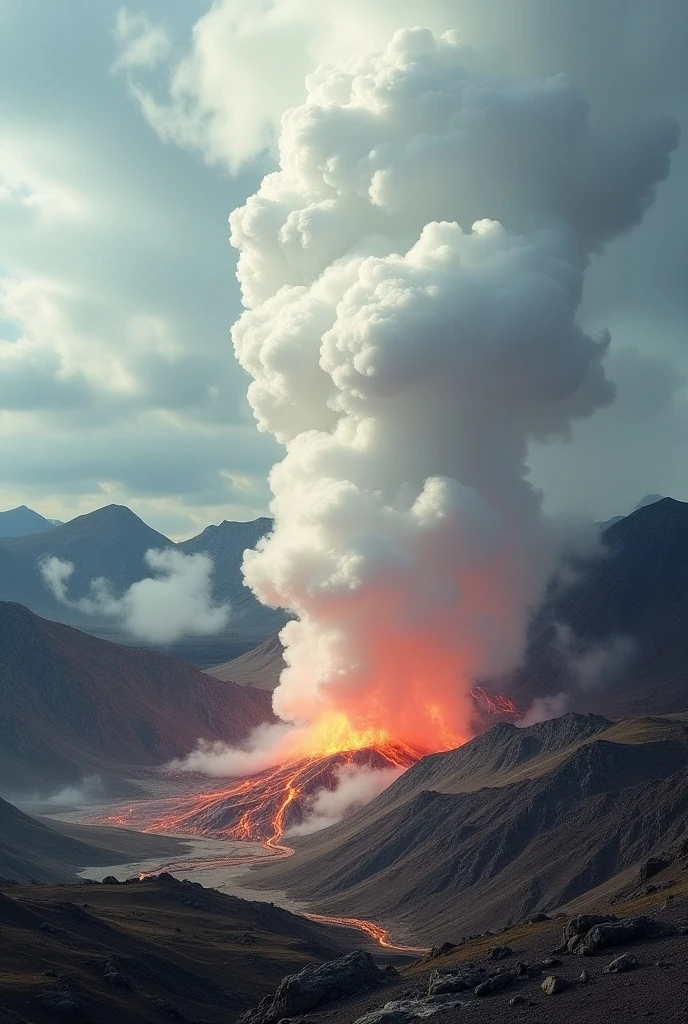 scenery, cloud, fire, green mountain, no humans, sky, outdoors, cloudy sky, landscape, molten rock <lora:volcano:0.7>
