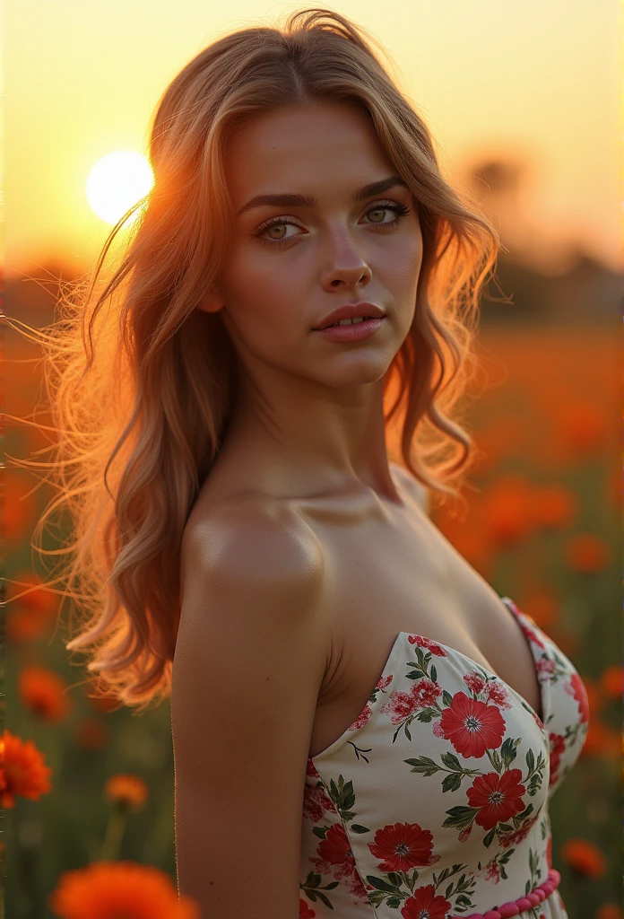 a beautiful girl, elegant young woman, detailed intricate face, beautiful eyes, lush lips, long eyelashes, flowing hair, delicate features, soft skin, floral dress, standing in a field of flowers, sunlight, warm color tones, cinematic lighting, 8k, high resolution, detailed, photorealistic, masterpiece