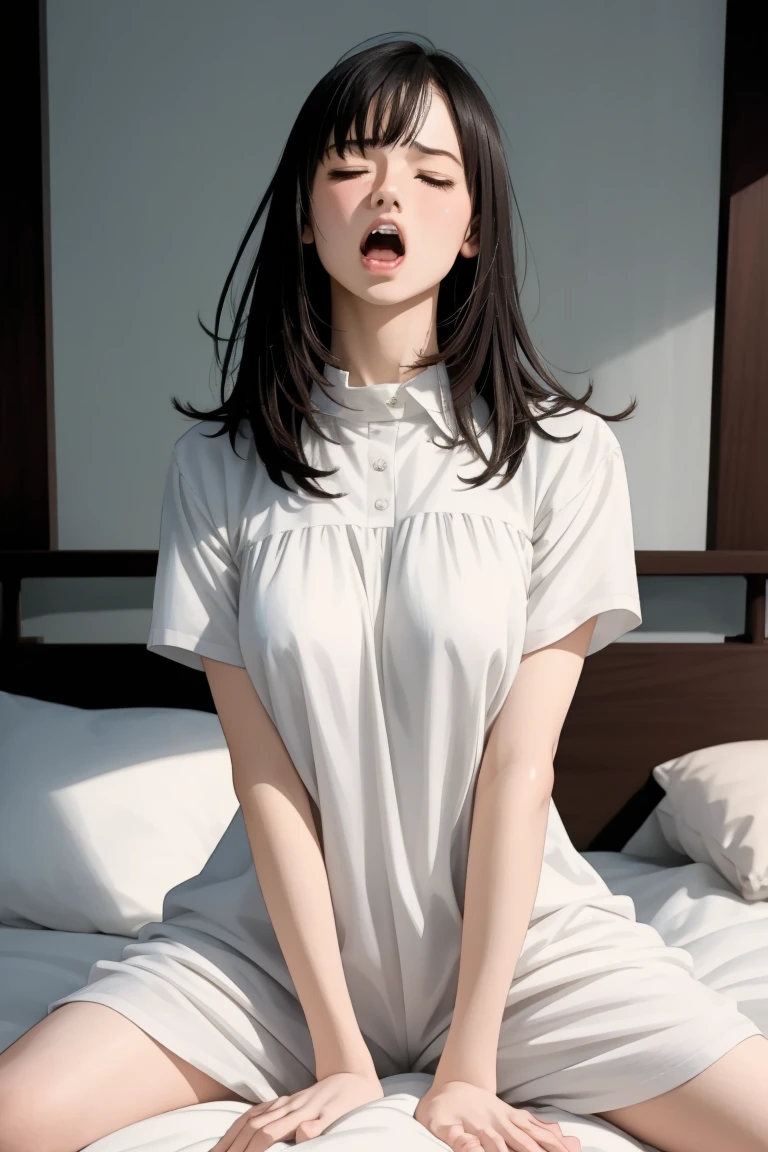 (Raw photo, photorealistic:1.3), official art, best masterpiece, best quality, best resolution, 8K, best detailed, perfect anatomy
BREAK
masturbation, Straddling, pillow humping, crotch rub, (big thick pillow), (on pillow:1.2), hand between legs, (put hand on breast, put hand on vaginal:1.4), (arch your back position, Look up:1.3)
BREAK
ashidamana, (12yaer_old:1.5), (elementary school students, small girl, little_girl:1.5), (The world's most cute and Pretty appearance:1.3), long eyelashes, Glossy skin, sparkling hair, black hair, vely long hair, (large breasts), (short stature:1.3), (nightgown), (covered erect nipples), braless, no bra
BREAK
(female orgasm, ahegao), (half closed your eyes:1.4), (furrowing brow:1.5), (Angry, glare:1.3)
BREAK
Soft lighting, indirect lighting, absurd, (bed), very fine and detailed 16KCG wallpapers