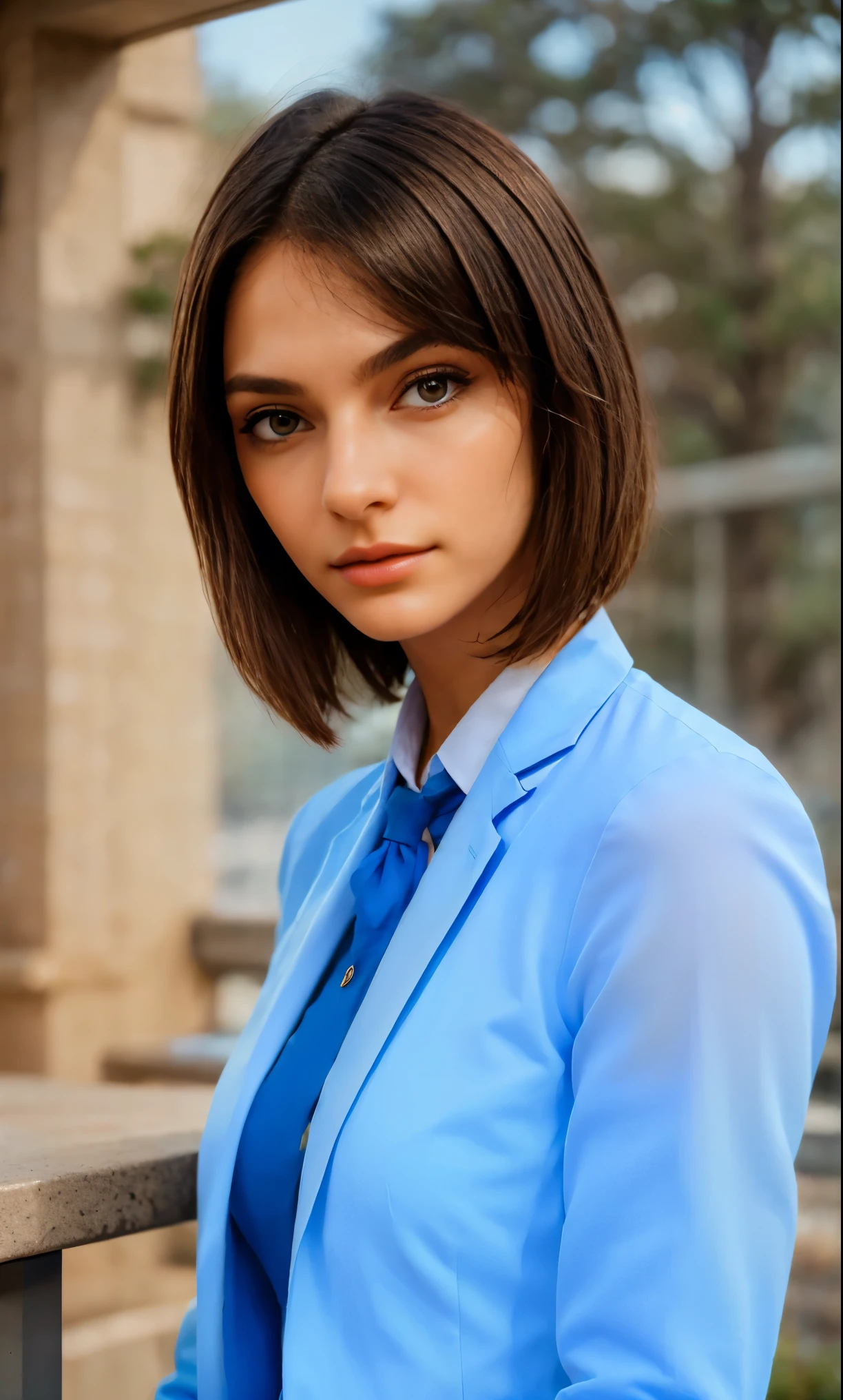 (Portrait), ((She has doubts: 1.3)), ((Thoughtful expression: 1.5)), ((Pensive pose, with finger on chin)), (face focus). A young high school student standing, dressed in school uniform, (bob hairstyle). The student appears from the front, reflecting a confident and serene posture. The scene uses bright, vibrant colors to create an energetic atmosphere. The portrait format captures the full figure of the student, highlighting both her profile and the dynamism of the surroundings.