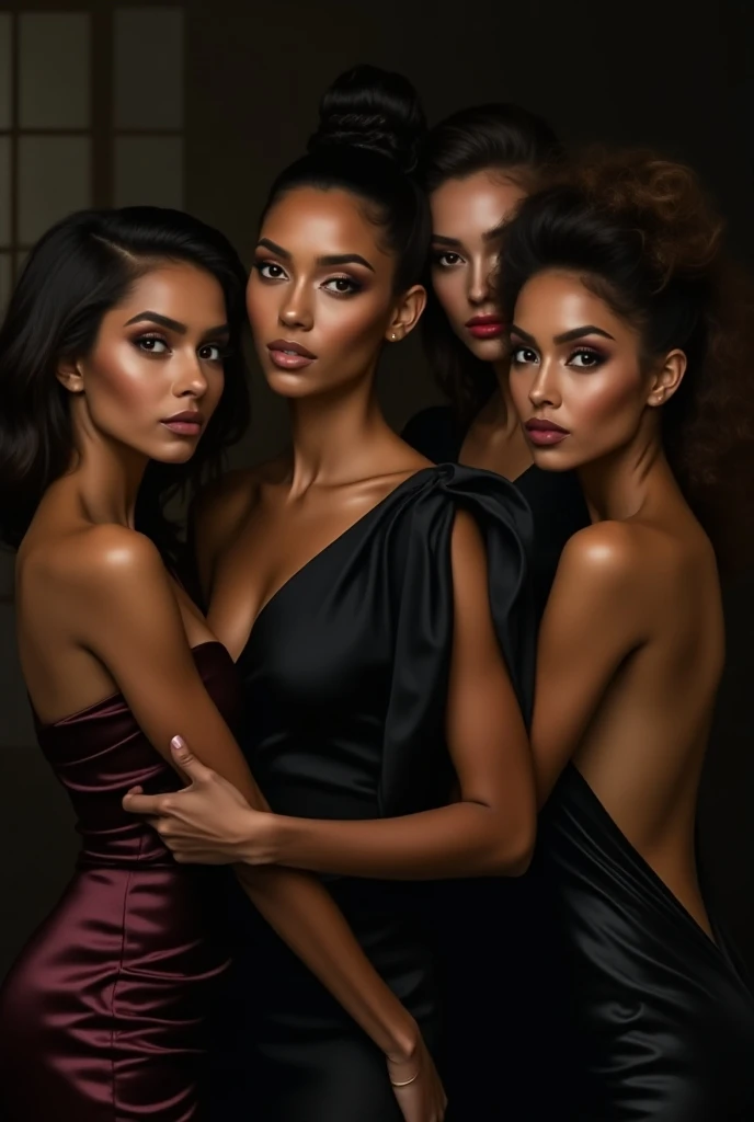 A group of 7 sensually party dressed girls take a selfie group in the mirror in the bathroom of a nightclub. The photo is taken at a distance from the mirror, the girls' bodies can be seen in full and they are 3 meters away from the mirror