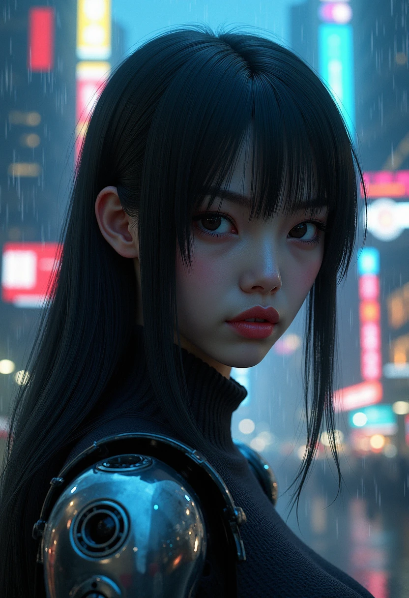 beautiful detailed eyes, beautiful detailed lips, extremely detailed face and eyes, long eyelashes, 1 girl, robot arm, cyberpunk city, night scene, skyscraper, neon lights, rainy, moody lighting, cinematic, muted color palette, (best quality,4k,8k,highres,masterpiece:1.2),ultra-detailed,(realistic,photorealistic,photo-realistic:1.37),concept art,sci-fi