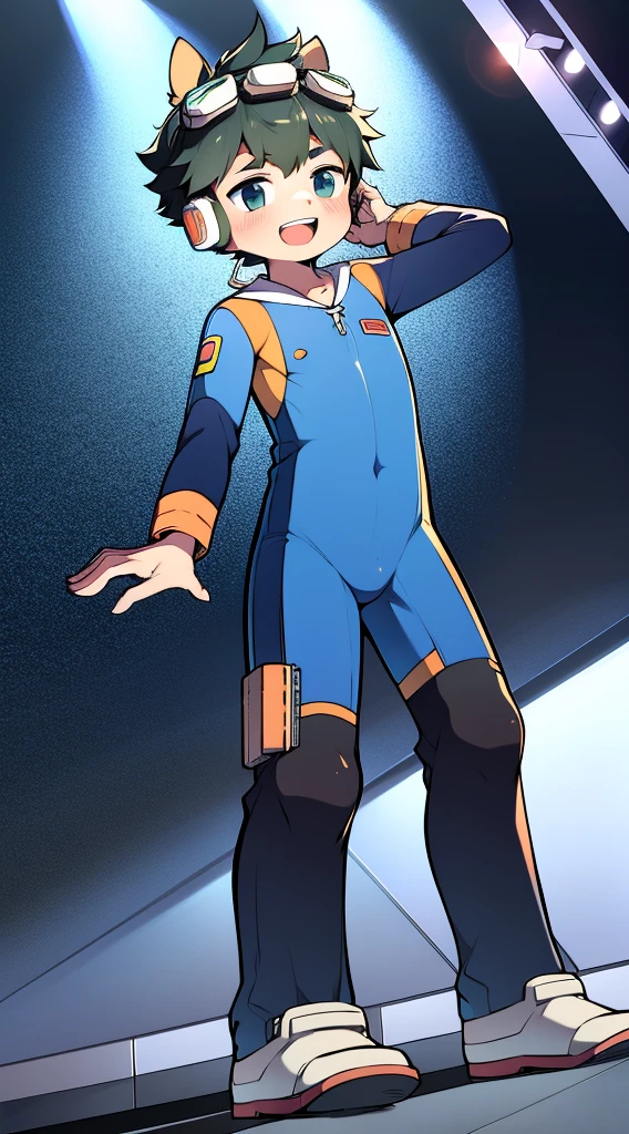 2D boy Shota,One-piece mountaineering suit,Put the headphones on your head,standing,goggles,horns,cow ears,sports shoes,white stockings,zipper opened,enjoy