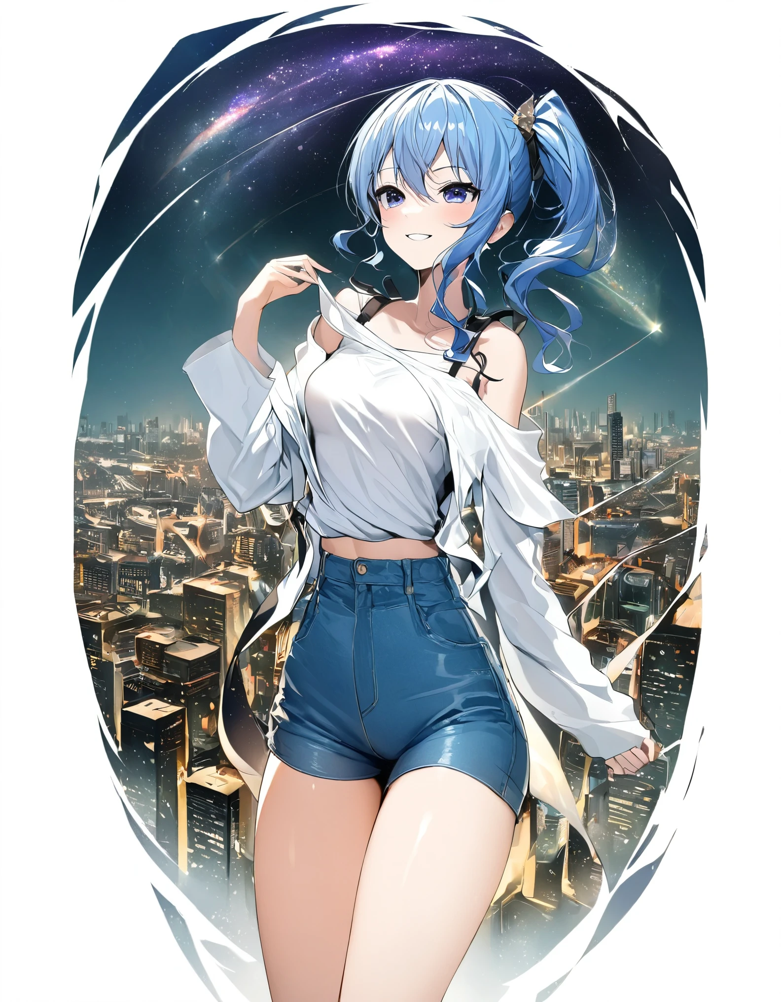 (8k、Best image quality、highest quality)、Detailed face、 1teen_girl、Blue Hair、Long Hair、sideponytail、dark_blue_eyes、smile,(peek_navel:0.7),(small_breasts:0.8),(White_T-shirt:1.3)、Off_shoulder、Black shoulder straps、(open_front_shorts,denim_short_shorts:1.2)、City Background, starry_sky_landscape ,hoshimachi suisei,nihil,solo,stargaze,girl_looking_up_sky,slender,solo,boots,abs, tight_waist, point_to_sky,slender_thighs,knees