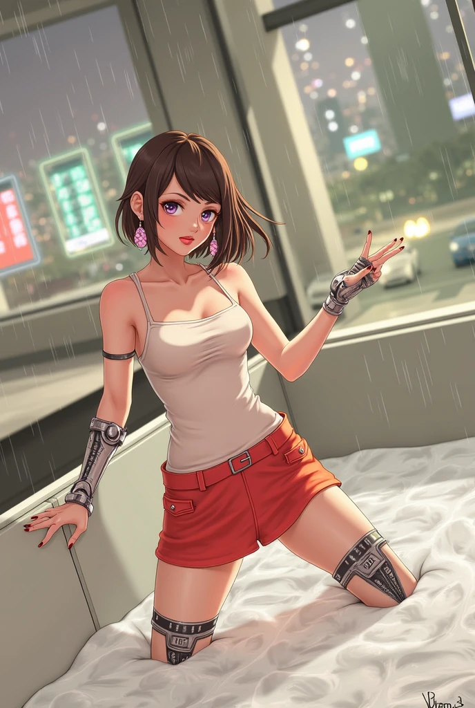  beautiful detailed eyes , beautiful detailed lips,  Extremely detailed face and eyes, long eyelashes, 1 girl, robotic arm, cyberpunk city, night scene, skyscraper, neon lights, Rainy lighting , Moody,  , soft color palette, (Melhor qualidade, 4K, 8k, highres, masterpiece: 1.2), ultra-detailed, (realistic, photorealistic, photorealistic: 1.37),  conceptual art ,  science fiction 