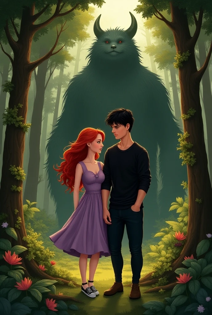 Abstract art of a shadow demon girl seducing an innocent young man in a forest ,Woman Monster,8K, Super detail, ccurate, Full body like,Best quality, Masterpiece, Super detail, High details, High quality, Best quality, A high resolution,realistic