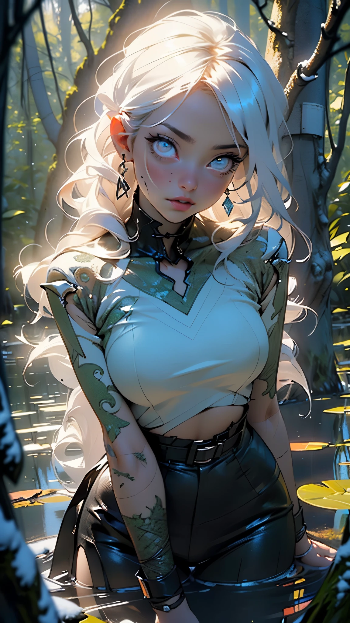 (best quality:1.33), (masterpiece:1.42), (realistic:1.24), (detailed:1.15), 1girl, short silver hair, wearing sexy torn outfit made of roots, dreamy, coming out of mud, waterfall on background