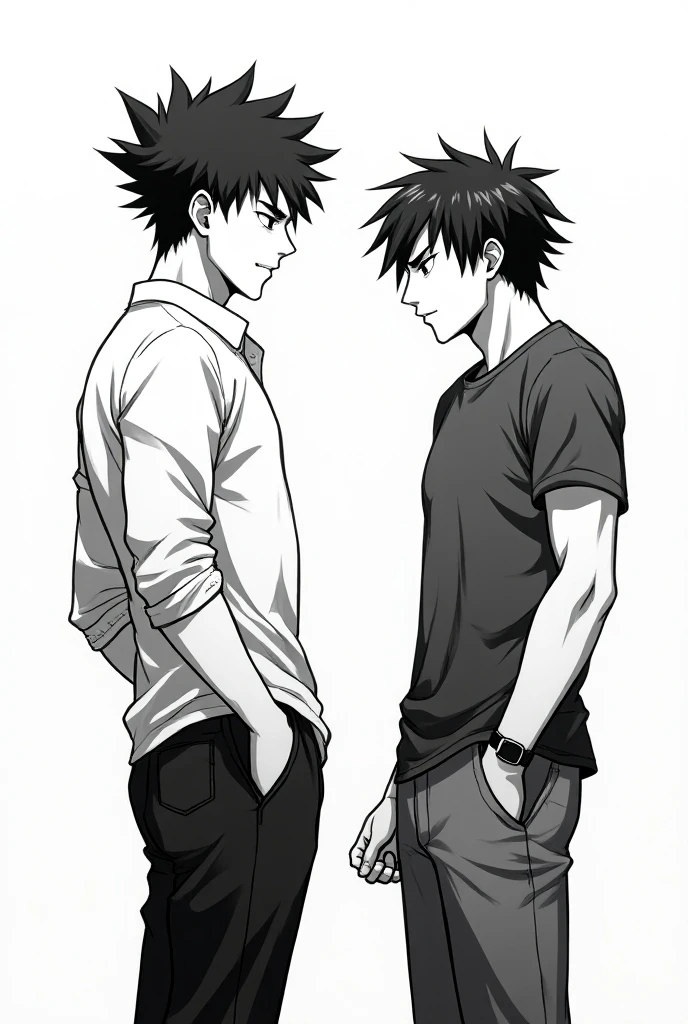 Create a black and white manga cover featuring two men, One of them is smoking and the other is just watching him, They both have 16