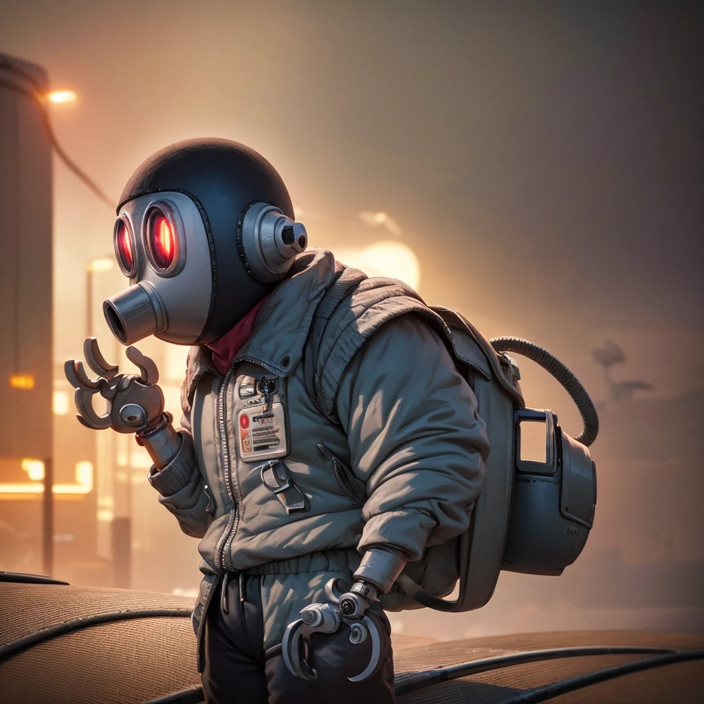 a humanoid robot, 1boy, robot with wrench hand, gas mask, cyberpunk, dystopian future, highly detailed, 8k, photorealistic, cinematic lighting, gritty, moody, bleak color palette, industrial setting, machinery, metal, wires, neon lights, glowing eyes, dramatic pose