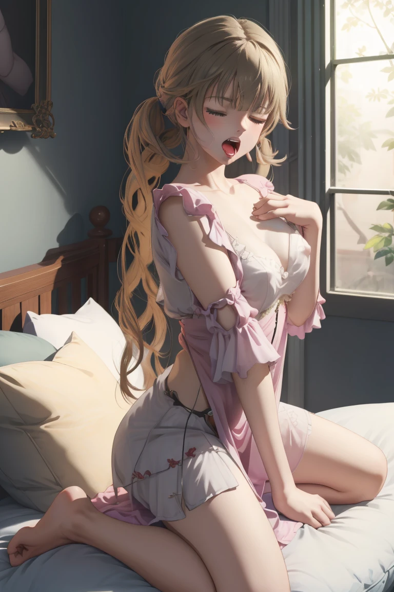 (Raw photo, photorealistic:1.3), official art, best masterpiece, best quality, best resolution, 8K, best detailed, perfect anatomy
BREAK
masturbation, Straddling, pillow humping, crotch rub, (big thick pillow), (on pillow:1.2), hand between legs, (put hand on breast, put hand on vaginal:1.4), (arch your back position, Look up:1.3)
BREAK
Hanabusa Lisa, very long hair, twintails, blue eyes, (The world's most cute and Pretty appearance:1.3), long eyelashes, Glossy skin, sparkling hair, blonde hair, vely long hair, (large breasts), (nightgown), (covered erect nipples), braless, no bra
BREAK
(female orgasm, ahegao), (half closed your eyes:1.4), (furrowing brow:1.5), (Angry, glare:1.3)
BREAK
Soft lighting, indirect lighting, absurd, (bed), very fine and detailed 16KCG wallpapers