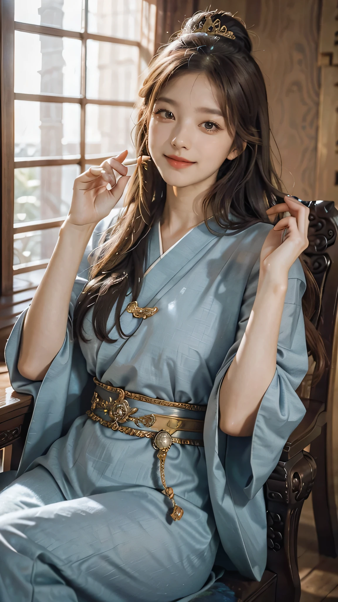 best quality, masterpiece, brown hair, gold eyes, indigo clothes, , upper body,Fair skin, long wavy hair Chinese wooden architecture behind, sunlight falling on her , closed mouth, smiling, drunk blush, looking at viewer , cute poses , queen 👑, Korean throne on head with beautiful stone and design , luxury jewelry , sitting on golden Korean throne , long throne , hair puff design, hand poses,