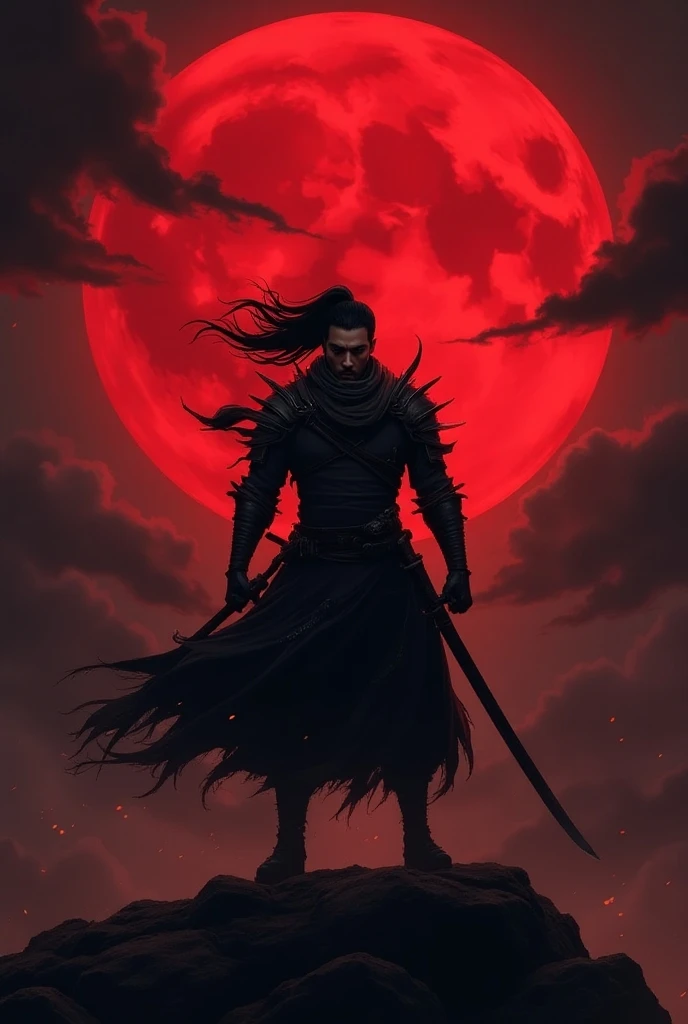 superhero cover book, uchiha madara, long hair, hair over one eye, red eyes, glowing eyes, Mangekyo Sharingan eye, mix of ronin armor and kimono, face closeup, blood moon, <lora:Landscape_Ink-000003:.7> <lora:naruto_uchihamadara-10:0.5>