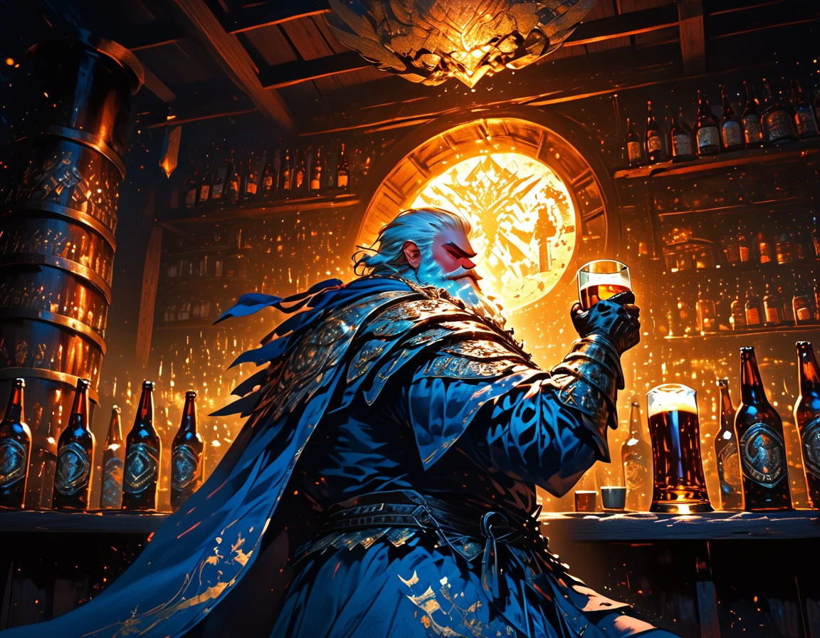 comic art, fantasy art, arafed, a picture of an armored dwarf fighter in a bar drinking from a foaming mug of beer, the mug has magical runes, glowing runes, fantasy bar, many bottles of ale, beer barrels, torch light, a sense of victory, happiness, mirth, cinematic lighting, dim light, full body, silhouette, from side, Ultra-Wide Angle, retina, UHD, best quality, 16k, highres, high details, mythp0rt, Cinematic, Cinematic Shot