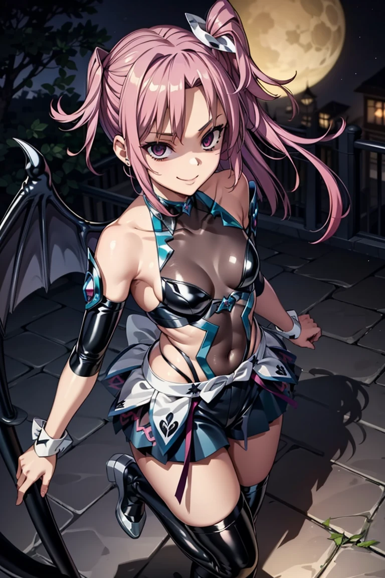 Rose Tails , Feather hair ornament, skirt, Tiara, Wrist cuff,  Blue shorts, shorts under skirt, boots, corruption, Eyes from the air, Half-open eyes, 邪悪なsmile,   no students  , クレイジーsmile,   Open your mouth  ,   1 girl,   mature women,, Dark Magical Girl,high quality,   very detailed,   perfect face, staring, (( Blue Frilled Bodysuit )), ( Light Blue Ruffles ), blackい翼のあるヘッドバンド, A seductive smile, Shiny latex,Sadistic smile,Malice,Contempt,smile,black,Perfect hands,  perfect body ,Shiny latex肘まである手袋,  perfect face,どこか狂ったようなsmileと力強いblackいオーラ,（Dark and scary atmosphere,  gothic fashion,  dark color）