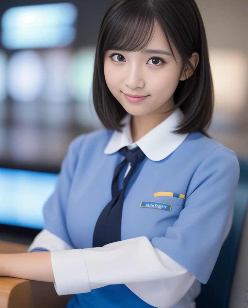 Medium shot,high quality, masterpiece, (realistic, photo-realistic:1.2) ,high definition, ultra detailed, raw photo,depth of field, 1girl, black eyes, medium hair, bangs, portrait, upper body, shoulder, shirt, simple background, blue background, wearing a beautiful stewardess uniform in airport Lounge.