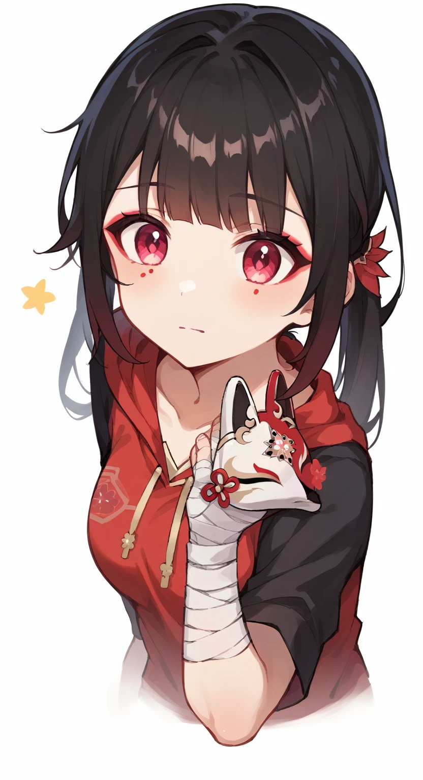 a close up of a person holding her left arm on her right hand,  sparkle \(honkai: star rail\), 1girl, twintails, black hair, medium breasts, red eyes, red eyeshadow, fox mask, 
black haired girl wearing hoodie, covered in bandages, telegram sticker, bandage on arms, あかさたなは on , and reaching with her arm, cute girl, asian girl, bandages, cute woman,  