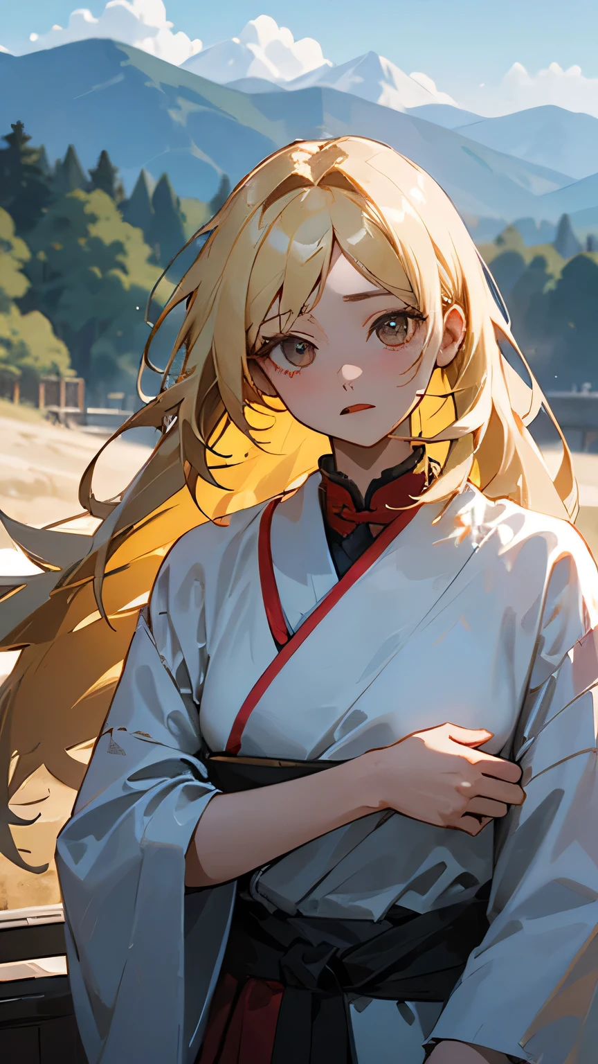 best quality, masterpiece, highres, solo, {white kimono:1.35}, {red hakama:1.35}, {wide sleeves:1.20}, {viviana_arknights:1.15}, long_hair, animal_ears, blonde_hair, deer_ears, bangs, ears_through_headwear, blue_eyes, breasts, cape, hooded_cape, hair_between_eyes, white_cape, smile, large_breasts, very_long_hair