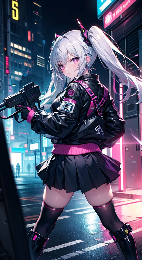8K,Ultra Detail,ultra-quality,ultra precision,ultimate masterpiece,Girl(equipment mechanical sword)(Cyber punk),bomber jacket(Cyber),short skirt,long boots,(Cyber),twintail(silver and pinkg inner color),located night Cyber punk back alley,Theme of Cyber punk,view front,Dynamic combat Action pose in combat,motive of Speedy,neon afterglow lines effect,seventh dragon,