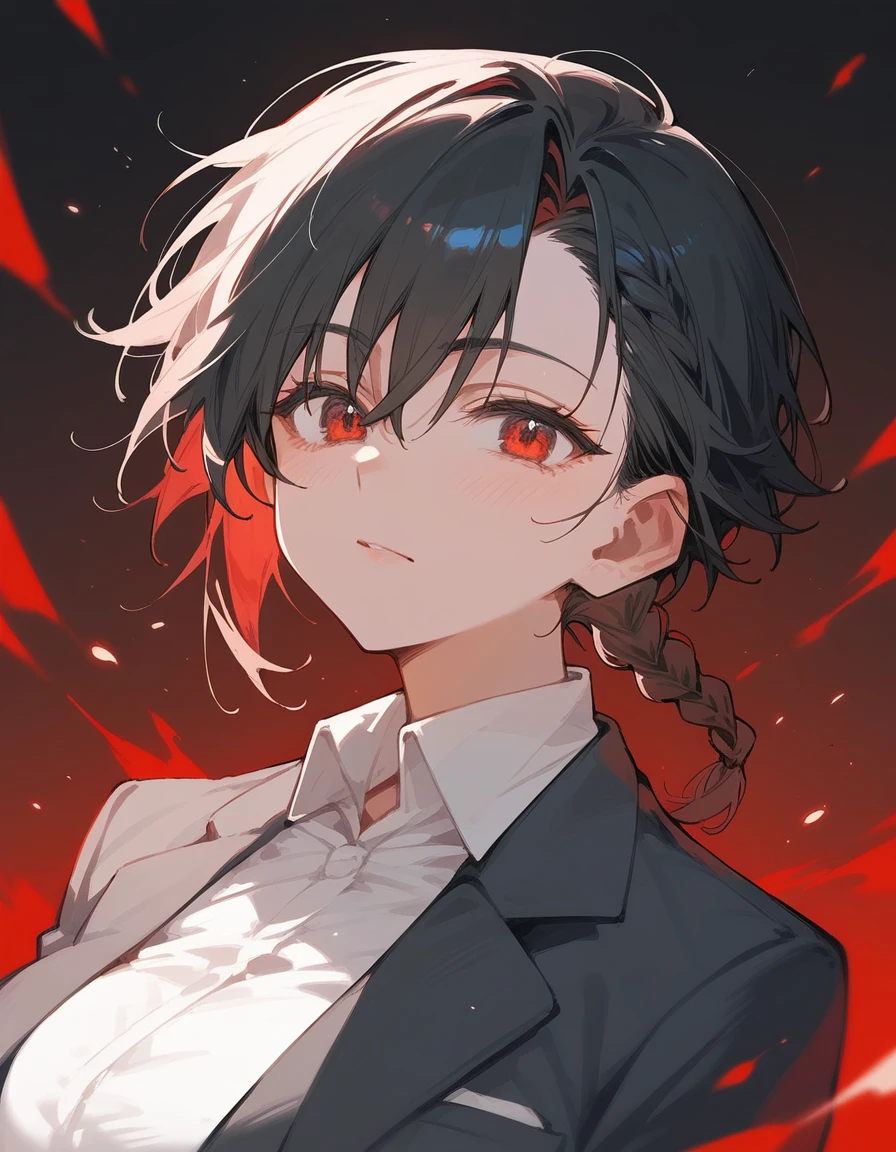 anime character with red eyes and black hair in a dark room, albedo from the anime overlord, albedo from overlord, menacing look, portrait gapmoe yandere grimdark, code geass, with glowing yellow eyes, “ anime, fus rei, gapmoe yandere grimdark, badass anime 8 k, hijikata toushirou, badass outfit, cid kagenou