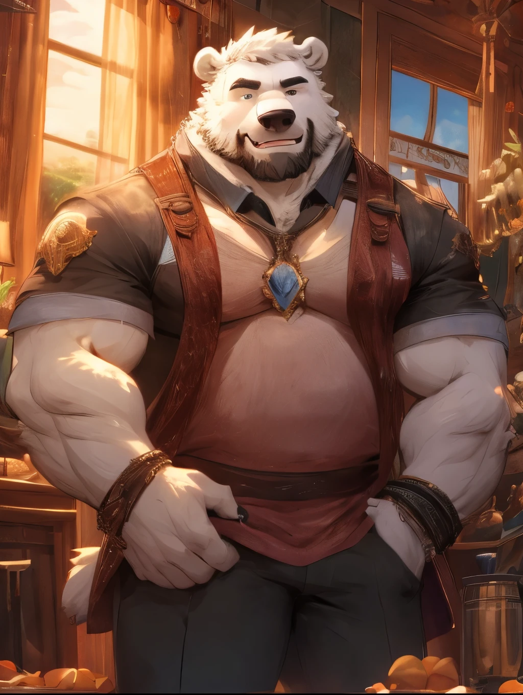 Solo, male, sitting at tavern, bulge, by bigcozyorca, by goonie-san, by bebebebebe, by spikedmauler, front view, big buff , bear,  ebony black fur, black fur, bushy tail, buff, wearing brown fantasy leather armor, tall, masculine,  bulge, sexy, sexy expression, ale in hand